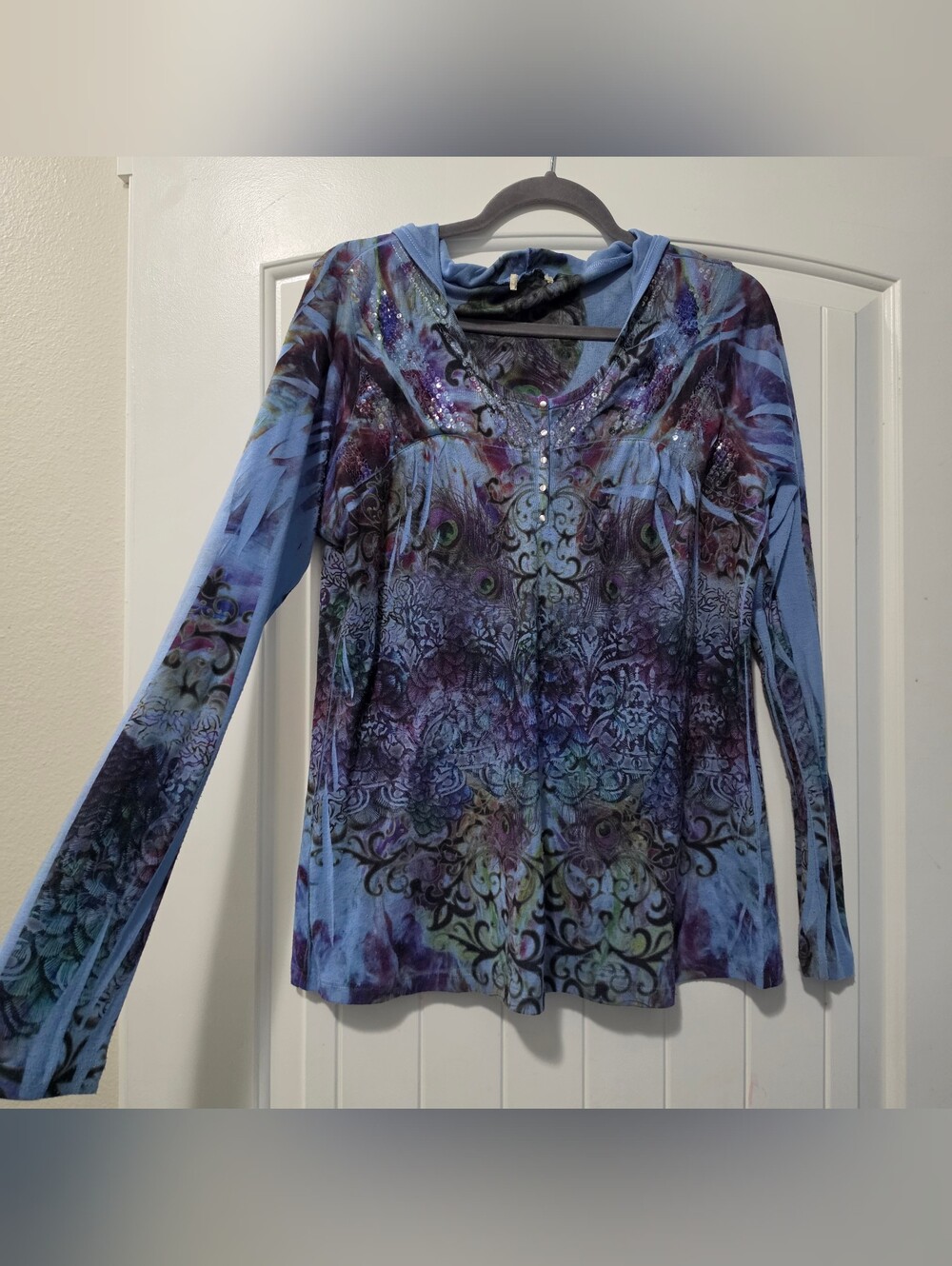 Y2K Peacock Feather Sequin Lightweight Hooded Top - Blue Purple